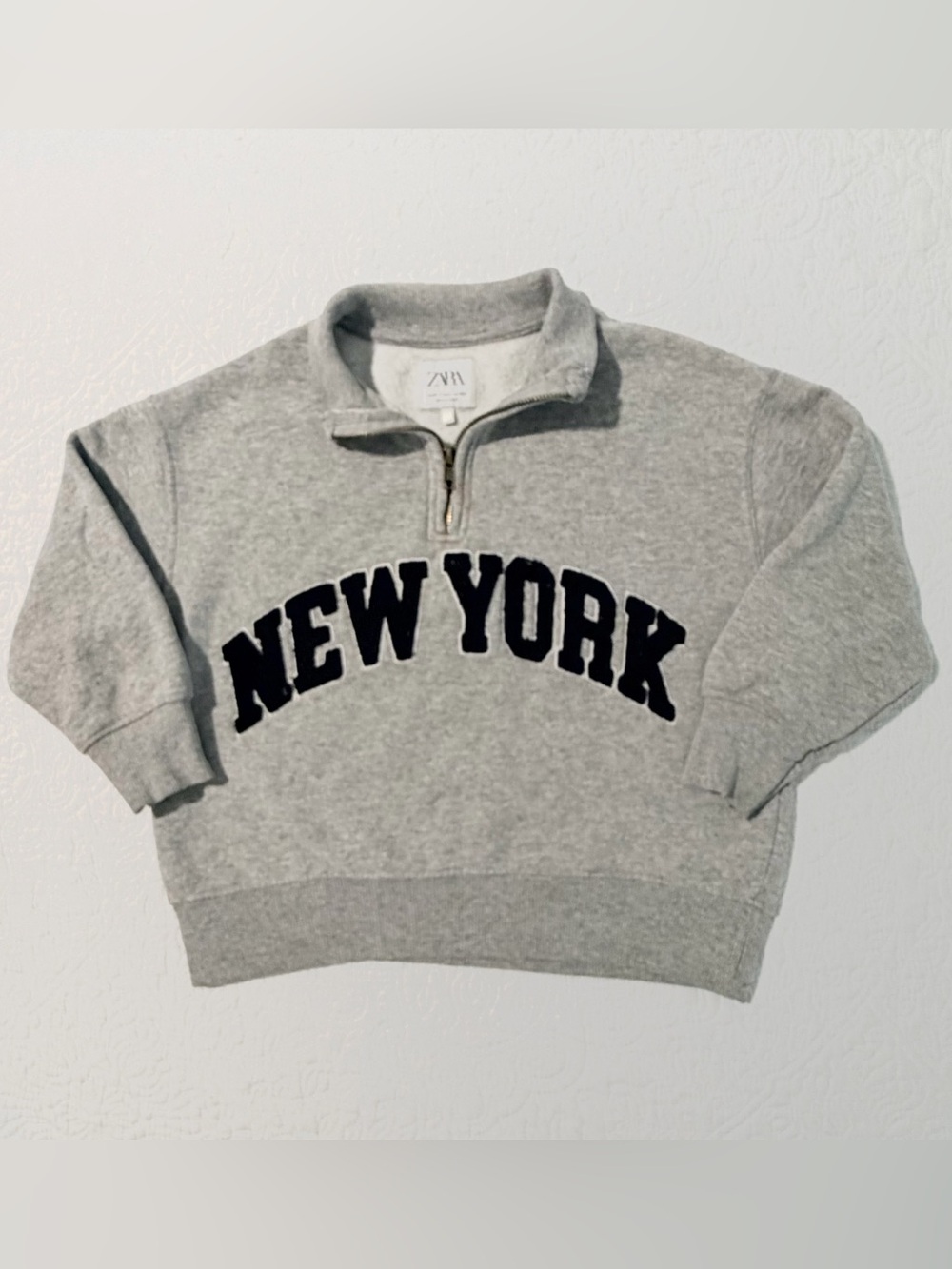 Zara Kids | New York Quarter Zip Pullover Sweatshirt | Heather Grey | Size 6-7